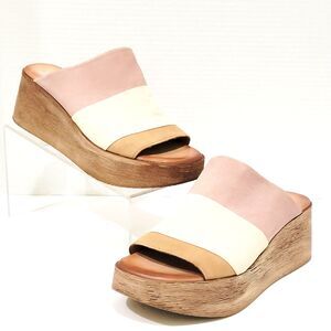 Miz Mooz Gianna Wedge Sandals Women's Size 39 US 8.5-9 Leather Slip On Pearl Tan